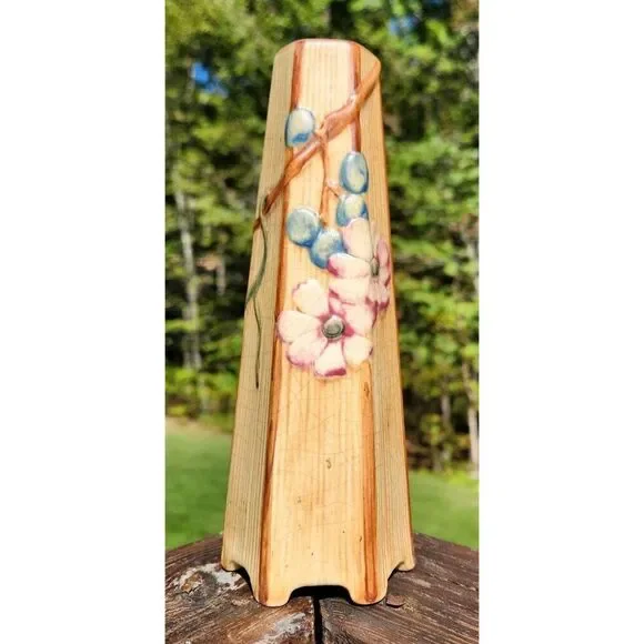 Antique Weller Pottery Klyro Hexagon Bud Vase Blue Grapes Pink Red Flowers 7.5" - Picture 1 of 7